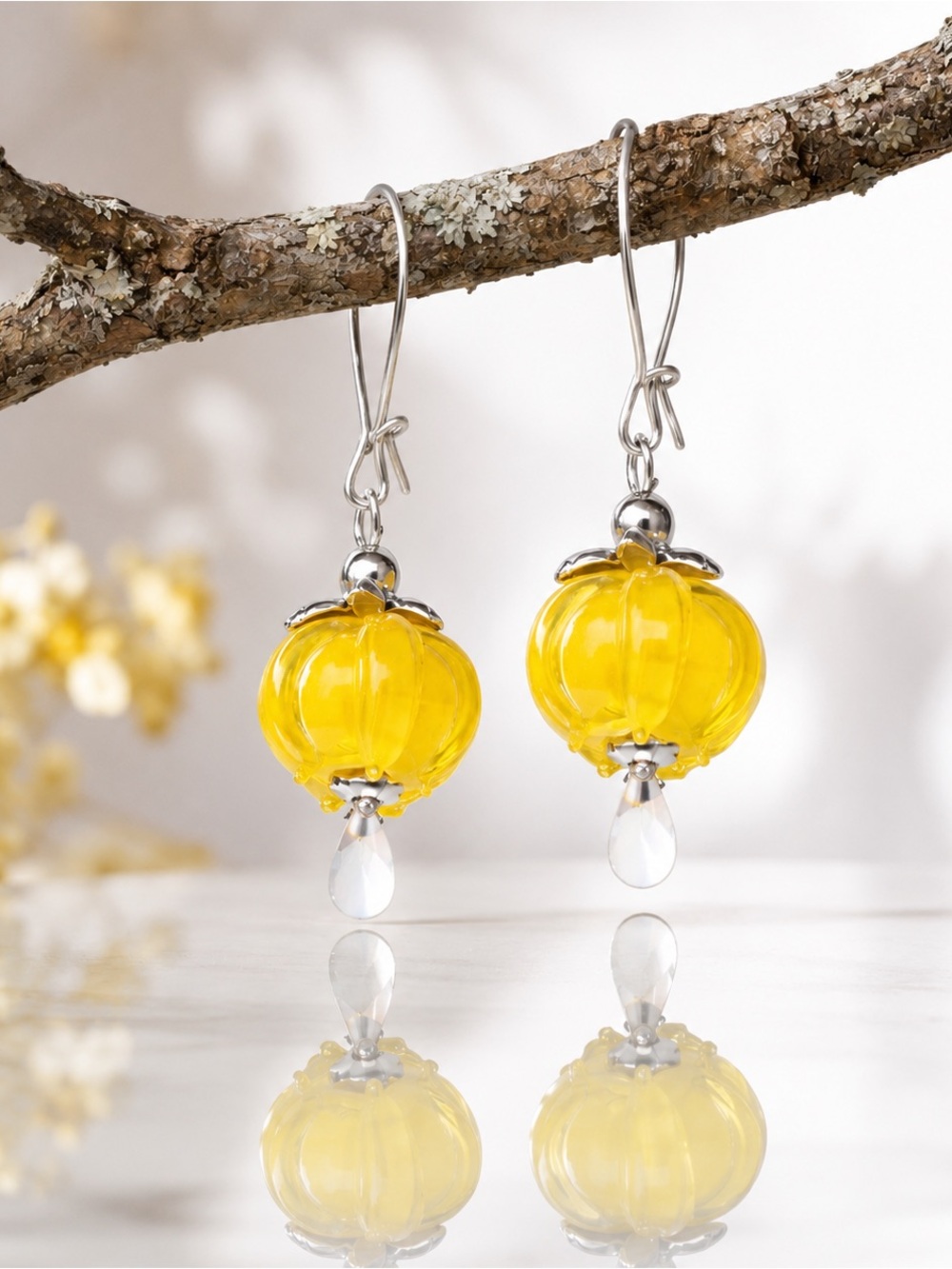 Sunny Yellow Lampwork Glass Lantern Earrings, Artisan Dangle Earrings